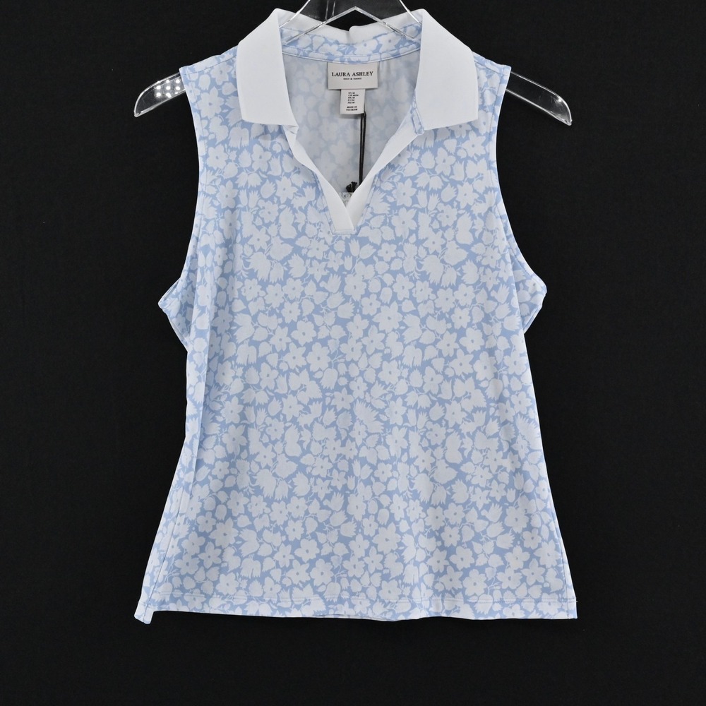 Laura Ashley Womens Polo Shirt Top‎ Size M Sleeveless Blue Floral Golf Tennis